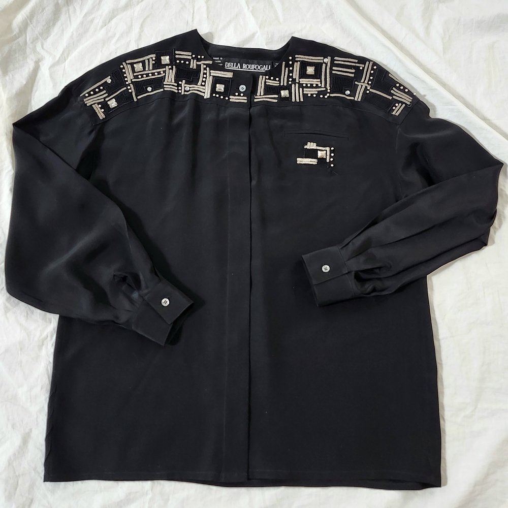 100% Silk Black Blouse with Embroider & Beads, Button Down Silk Shirt, Size 6